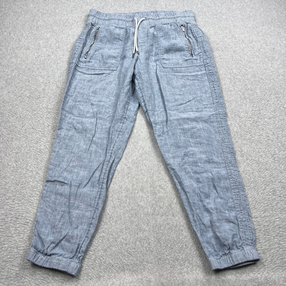 Athleta Cabo 100% Linen Jogger Womens 10 Blue Tapered Drawstring Pants 530642